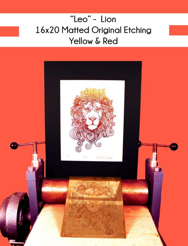 16x20 inch Matted original of Leo Lion in yellow and red on my printing press with the original copper plate