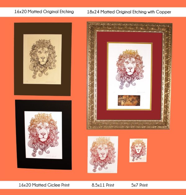 All products of Leo Lion in 5x7 print, 8.5x11 print, 16x20 matted print, 16x20 matted original etching and 18x24 matted original etching with copper displayed together on a wall
