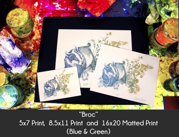 Photo of Broc Badger products in 5x7 Print, 8.5x11 Print and 16x20 matted print on an etching inking station to display size differences