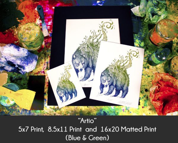 Photo of Artio Bear products in 5x7 Print, 8.5x11 Print and 16x20 matted print on an etching inking station to display size differences