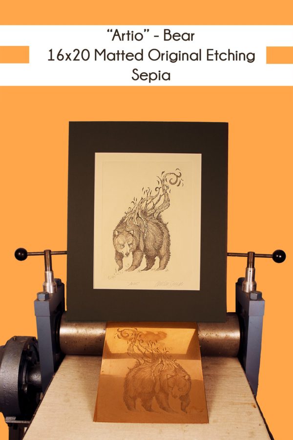 16x20 inch Matted original of Artio Bear in Sepia on a printing press with the original copper plate