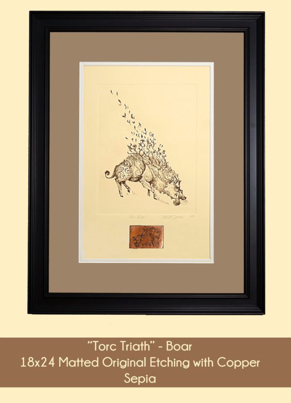Torc Triath Boar in 18x24 inch matted original etching with copper in the sepia color option. Brown and beige double mat, cream paper and sepia inks