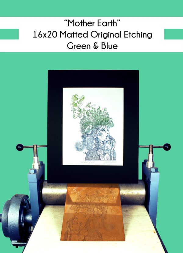 16x20 inch Matted Mother Earth in Blue and green on a printing press with the original copper plate