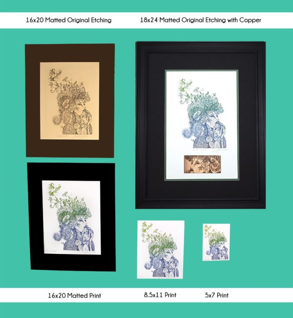 All products of Mother Earth in every size: 5x7 print, 8.5x11 print, 16x20 matted print, 16x20 matted original etching and 18x24 matted original etching with copper displayed together on a wall