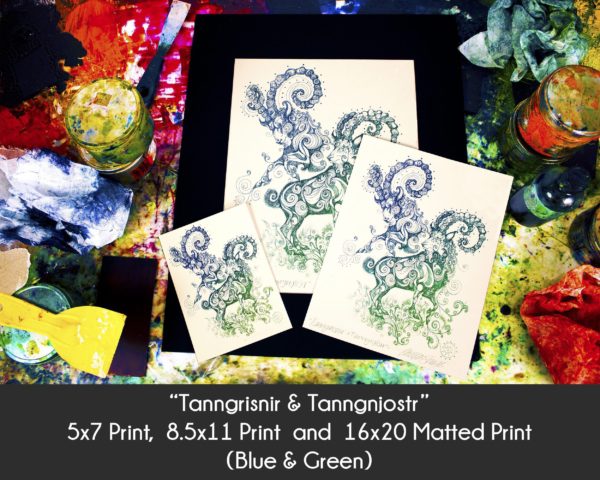 Photo of Tanngrisnir & Tanngnjostr Goats products in 5x7 Print, 8.5x11 Print and 16x20 matted print on an etching inking station to display size differences in the blue and green color option only