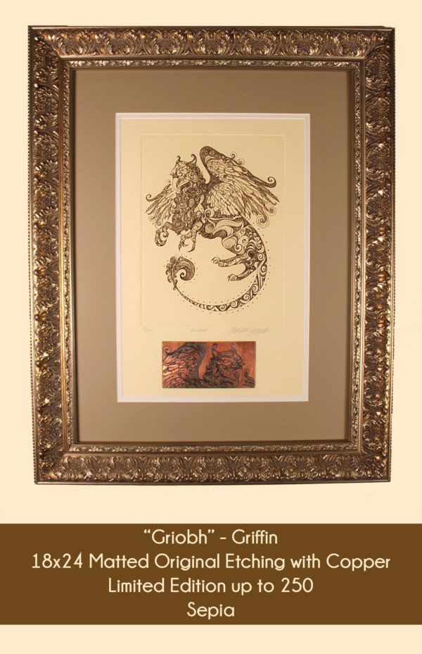 Griobh Griffin in 18x24 matted original etching with copper in the Sepia color option. Cream Rives BFK paper, Sepia Ink, and double mat in brown and cream.
