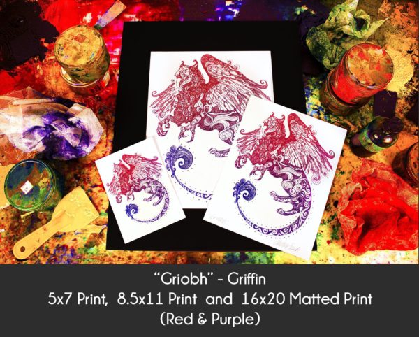 Photo of Griobh Griffin products in 5x7 Print, 8.5x11 Print and 16x20 matted print on an etching inking station to display size differences