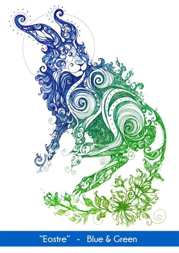 Rabbit art Eostre Hare in the Blue and Green color option