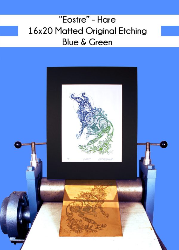 16x20 inch Matted Rabbit art Eostre Hare in Blue and Green on a printing press with the original copper plate