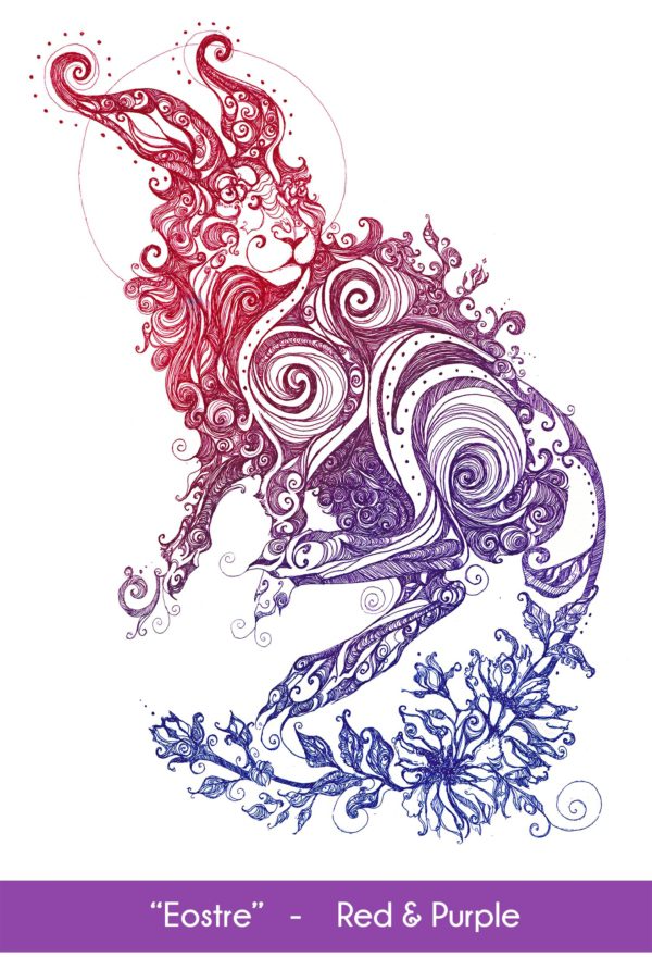 Rabbit art Eostre Hare in the Red and Purple color option