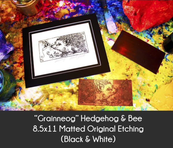 Grainneog Hedgehog and Bee in the 8.5x11 inch original matted etching displayed with the original copper plate on my printing inking station