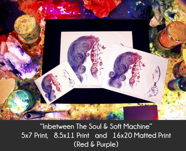 Photo of Inbetween the Soul & Soft Machine - Mirror products in 5x7 Print, 8.5x11 Print and 16x20 matted print on an etching inking station to display size differences in the red and purple color option only