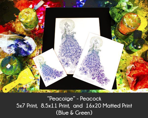 Photo of Peacoige Peacock products in 5x7 Print, 8.5x11 Print and 16x20 matted print on an etching inking station to display size differences in the blue and green color option only