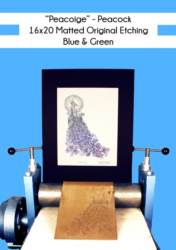 16x20 inch Matted Peacoige Peacock in Blue and Green on a printing press with the original copper plate