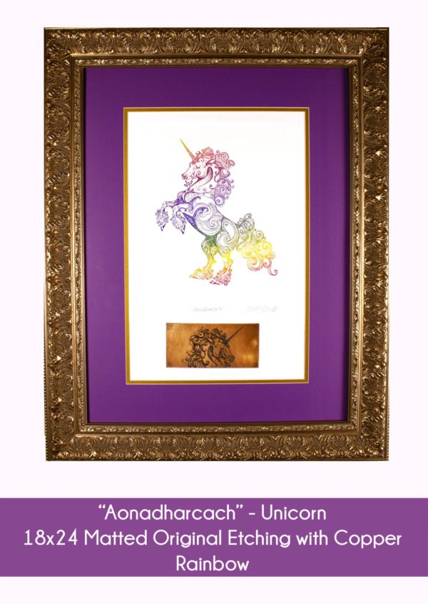 Aonadharcach Unicorn in 18x24 inch matted original etching with copper in Rainbow