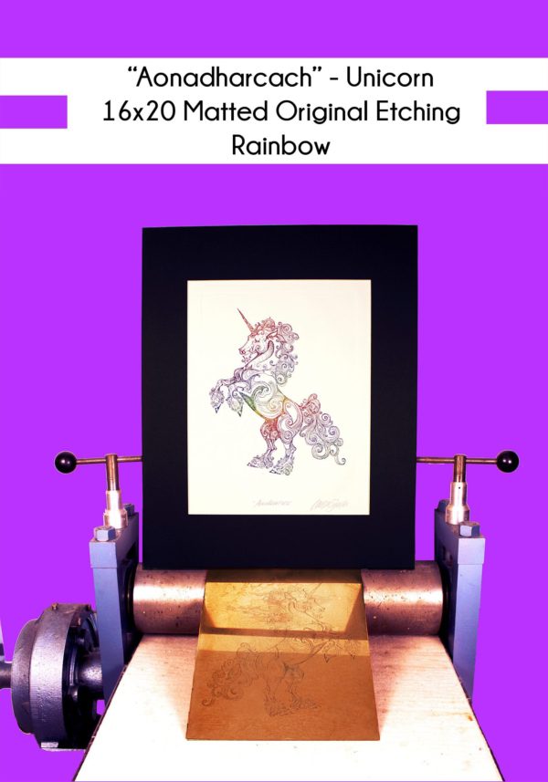16x20 inch Matted original of Aonadharcach Unicorn in Rainbow on a printing press with the original copper plate
