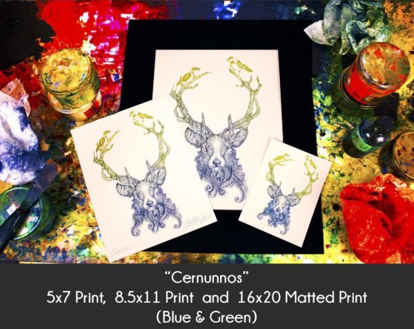 Photo of Cernunnos Stag products in 5x7 Print, 8.5x11 Print and 16x20 matted print on an etching inking station to display size difference