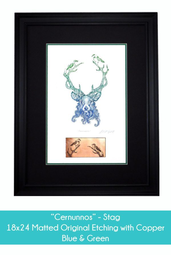 Cernunnos Stag in 18x24 matted original etching with copper in the blue and green color option. Black Mat, White Paper and Blue and Green inks.