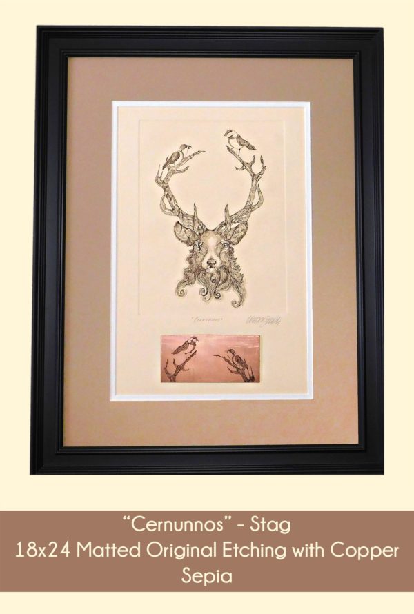 Cernunnos Stag in 18x24 matted original etching with copper in the Sepia color option. Cream Rives BFK paper, Sepia Ink, and double mat in brown and cream.
