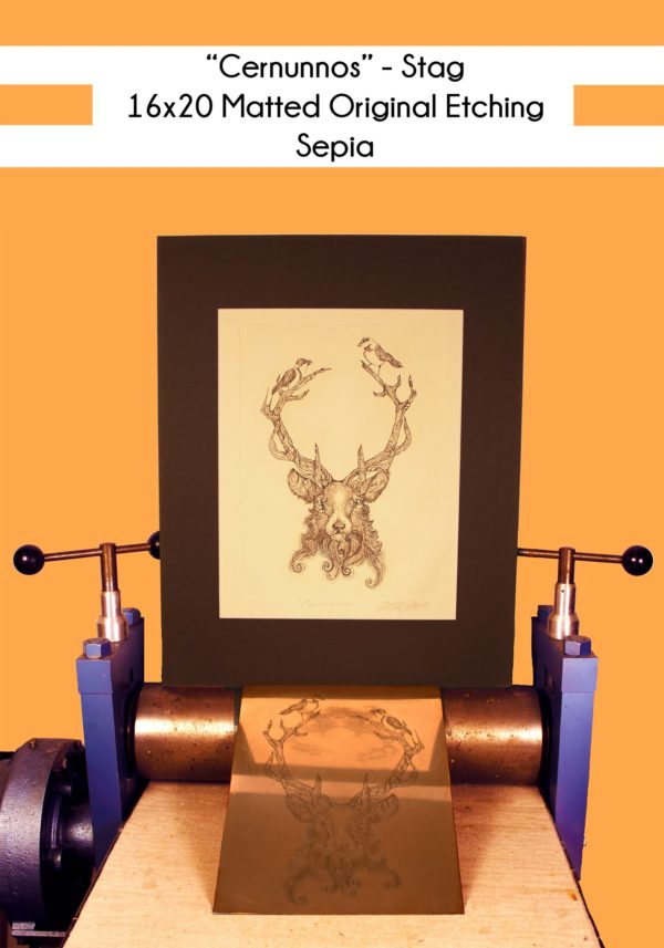 16x20 inch Matted original of Cernunnos Stag in Sepia on a printing press with the original copper plate