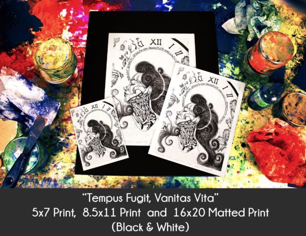 Photo of Tempus Fugit, Vanitas Vita Steam products in 5x7 Print, 8.5x11 Print and 16x20 matted print on an etching inking station to display size differences