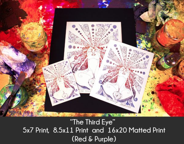 Photo of The Third Eye Woman products in 5x7 Print, 8.5x11 Print and 16x20 matted print on an etching inking station to display size differences in the red and purple color option only