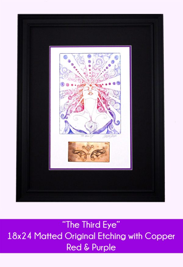 The Third Eye - Woman in 18x24 inch matted original etching with copper in the red and purple color option. Black and purple double mat, white paper and red and purple inks.