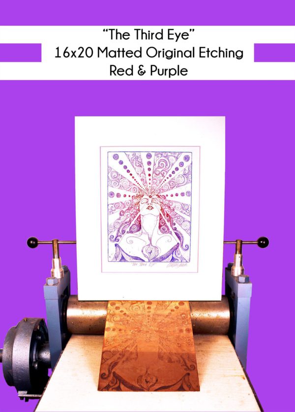 16x20 inch Matted The Third Eye Woman in Red and Purple on a printing press with the original copper plate