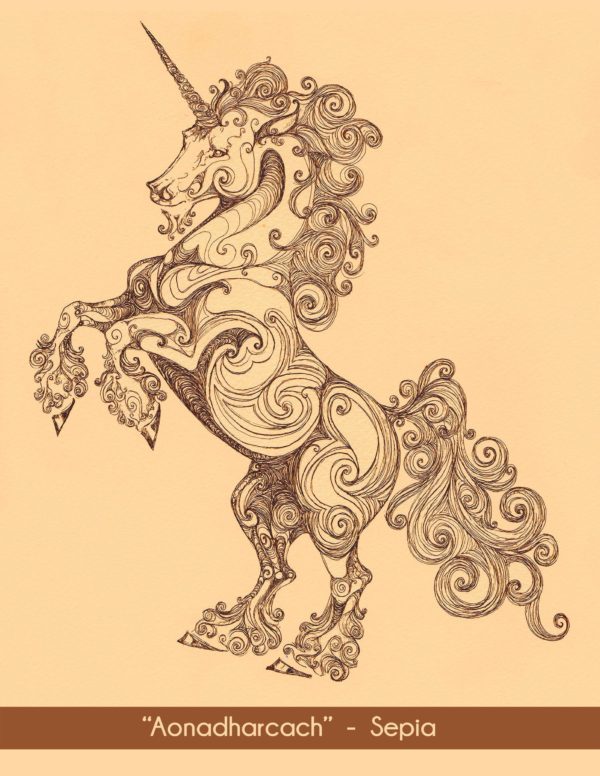 Aonadharcach Unicorn in the Sepia color option