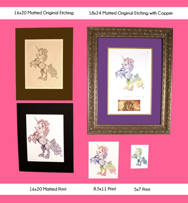 All products of Aonadharcach Unicorn in every size: 5x7 print, 8.5x11 print, 16x20 matted print, 16x20 matted original etching and 18x24 matted original etching with copper displayed together on a wall