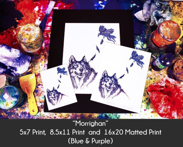 Photo of Morrigan art wolf and crow products in 5x7 Print, 8.5x11 Print and 16x20 matted print on an etching inking station to display size differences in the blue and purple color option only