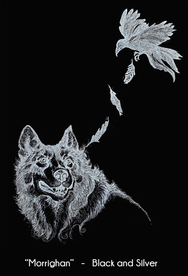 Morrigan art of wolf and crow in the Black and Silver color option