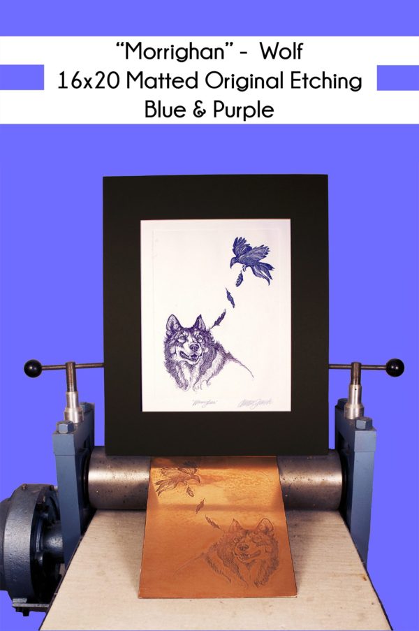 16x20 inch Matted Morrigan art of wolf and crow in Blue and Purple on a printing press with the original copper plate