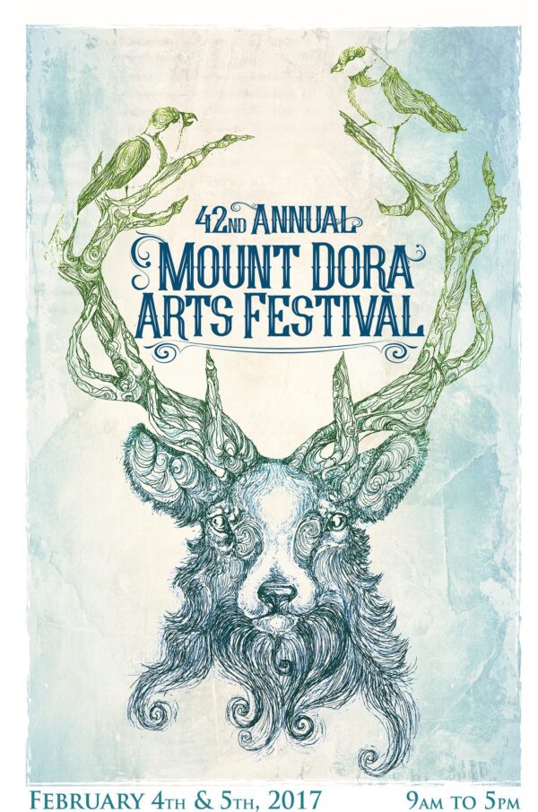 "Cernunnos" the stag original etching art by Chelsea Smith as the final poster art for the 2017 42nd Annual Mount Dora Arts Festival