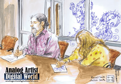 Drawing of Artist Chelsea Smith and Father Randall Smith created by Analog Artist during the StoryCorps recording